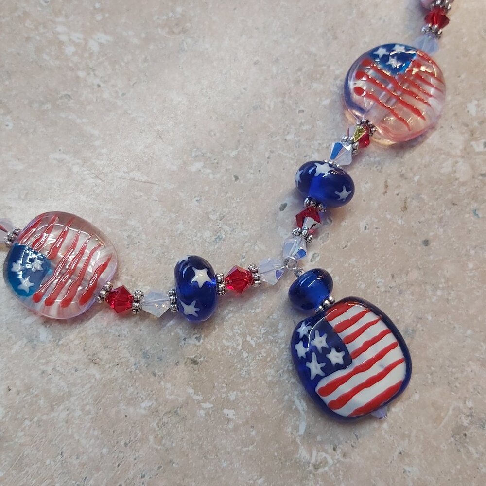 OOK American flag lampwork glass necklace with silver slasp